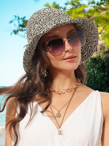 Womens Sun Hat Handmade Crochet Straw Bucket for Summer Foldable Travel Cap - color: Beige & Black