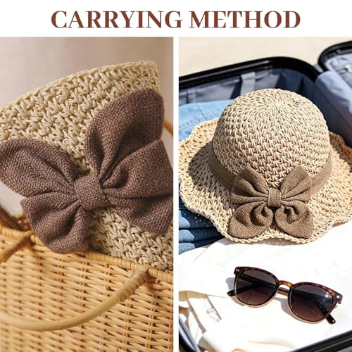 Elegant Woven Straw Sun Hat with Bow, Straw Hat with Retro Bow for Women Wide Brim Packable Travel Bucket Hats - color: Beige
