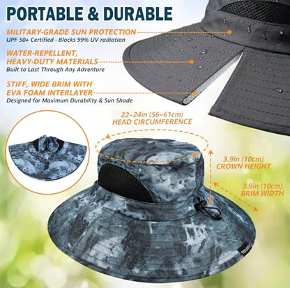 Wide Brim Sun Bucket Hat, Waterproof Boonie Hat for Men & Women - color: 05 Navy Blue (Camo)