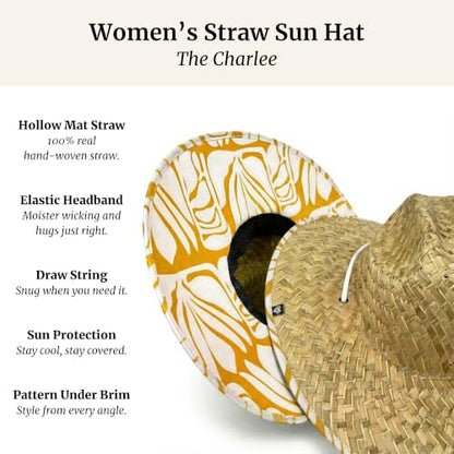 Women's Wide Brim Straw Sun Hat for Beach, Lifeguard Style, Hand-Woven Rush & Mat, Adjustable Chin Drawstring - color: The Charlee