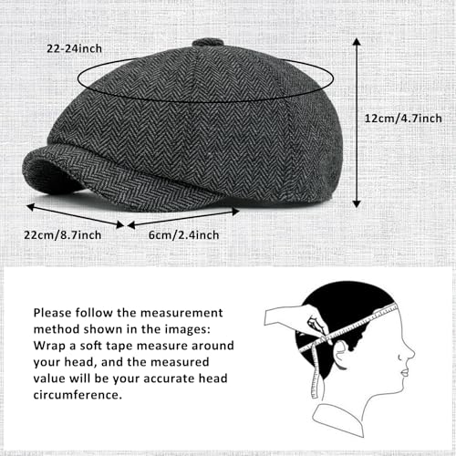 Men 8 Panel Newsboy Cap Classic Irish Gatsby Paperboy Ivy Newsies Herringbone Golf Cabbie Flat Wool Blend Winter Hat - color: Black