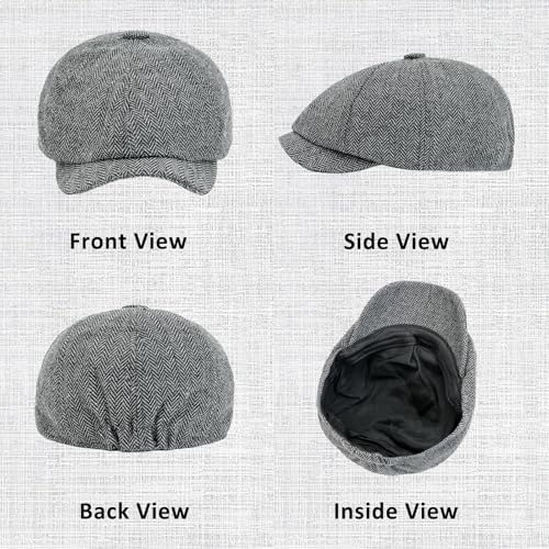 Men 8 Panel Newsboy Cap Classic Irish Gatsby Paperboy Ivy Newsies Herringbone Golf Cabbie Flat Wool Blend Winter Hat - color: Gray