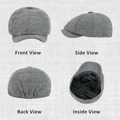 Men 8 Panel Newsboy Cap Classic Irish Gatsby Paperboy Ivy Newsies Herringbone Golf Cabbie Flat Wool Blend Winter Hat - color: Gray