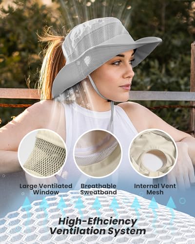 EW EastWater Beach Sun Bucket Hats for Women,UV Protection High Ponytail Hole UPF 50+ Waterproof for Hiking Safari Fishing - color: Light Grey