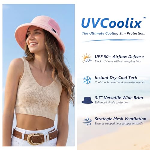TOP-EX UVCoolix™ Women's Cooling Bucket Sun Hat with Ponytail Hole Wide Brim UPF 50 Packable Summer Travel Outdoor - color: Pink, size: Large-X-Large