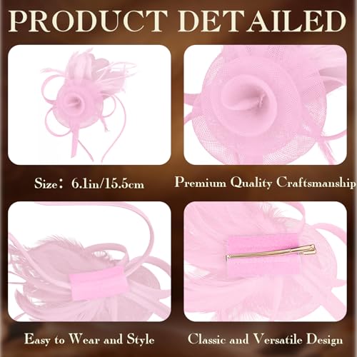 AMCAMI Fascinators Hats with Feather for Women 2026 Derby Hats Small Tea Party Hat with Headband - color: Matte Pink