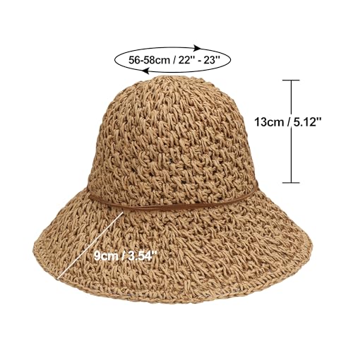 Women Wide Brim Sun Hat UPF50 Straw Summer Hat Floppy Beach Hat Roll-Up - color: Straw Hat Khaki