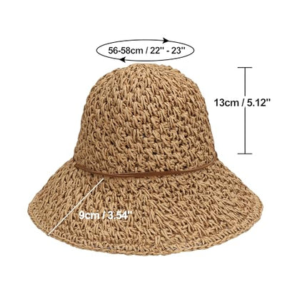 Women Wide Brim Sun Hat UPF50 Straw Summer Hat Floppy Beach Hat Roll-Up - color: Straw Hat Khaki