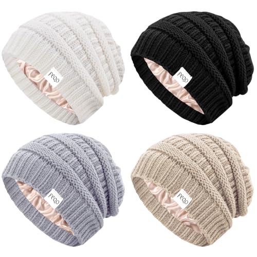 FEQO 4 Pack Satin Lined Beanies Slouchy Beanie Oversized Cable Knit Caps - color: Black, White, Light Grey, Oatmeal