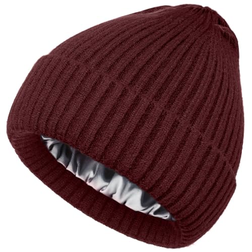 Satin Lined Wool Acrylic Blend Beanie Hat Women Men, Winter Knit Cap - color: Wine-red