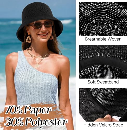 Babalet Summer Straw Beach Sun Hats for Women Packable Floppy Bucket Hat - color: Black
