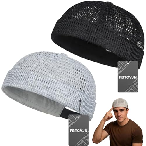 2 Pack Men's Breathable Brimless Hat Summer Style Mesh Tang Ultra Cooling Skull Adjustable Hip-Hop Cap Docker Beanie - color: Black+light Gray