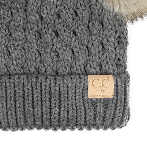 C.C Kids' Cable Knit Double Pom Beanie for Kids - Comfortable Soft Warm Children Skully Hat with Pom - color: Natural Faux Fur Pom Dark Melange Gray
