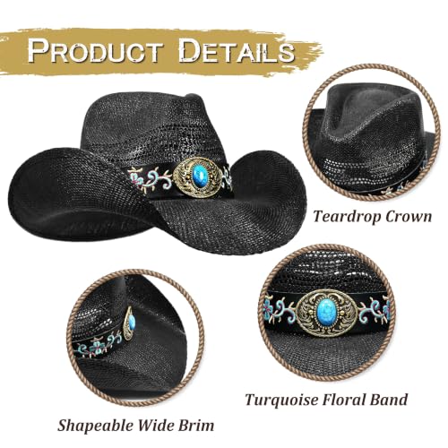 Keilin Cowboy Hats for Women and Men - Straw Teardrop Western Cowgirl Cowboy Sun Hat for Teens and Adults - color: Black Floral Turquoise Stone