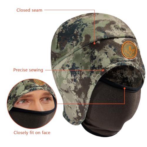 BASSDASH Unisex Soft Fleece 2-in-1 Hat with Mask Ear Flap - color: Grunge Camo & Brown