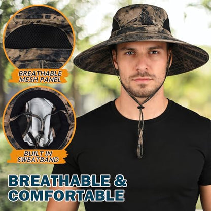 Wide Brim Sun Bucket Hat, Waterproof Boonie Hat for Men & Women - color: 05 Khaki (Camo)