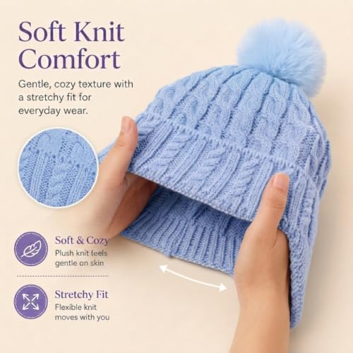 Toddler Baby Winter Hat with Earflap Kids Warm Twisted Knit Hat Infant Pom Pom Beanie Ski Cap for Baby Girls Boys - color: Blue, size: 6-24 Months
