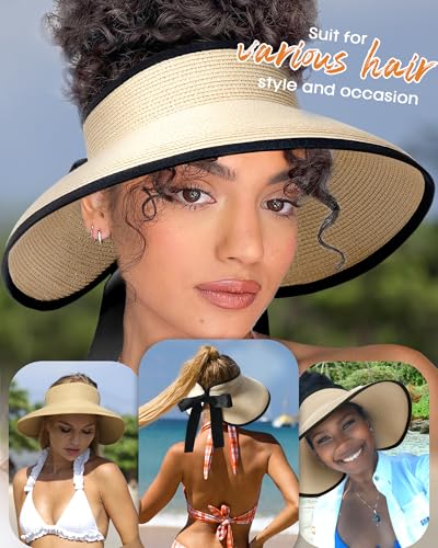 Camptrace Women's Straw Sun Visor Hat UPF Wide Shade Ponytail Summer Hat - color: Beige