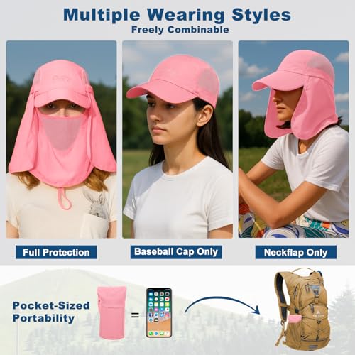 Surblue Baseball Sun Cap with Removable Neck Flap and Face Mask UPF 50+ - color: Pink, size: Medium