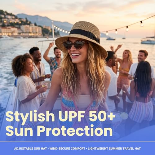 Funky Junque Foldable Wide Brim Straw Sun Hat, Packable Beach Cap - color: Brown Mix