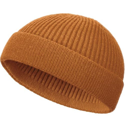 Wool Fisherman Beanie for Men Wome, Thin Knit Winter Hats Skull Cap - color: Yellow Brown