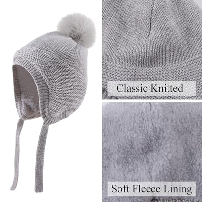 JANGANNSA Basic Winter Baby Boy Beanie Pompom Knit Girl Hat Kid Earflap Cap - color: Gray Pompom Hat, size: 6-24 Months