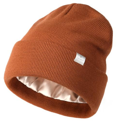 YANIBEST Satin Lined Beanie for Women, Reduce Frizz Winter Hats - color: Ac-orange