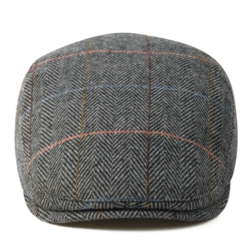 FEINION Men Wool Blend Flat Cap Tweed Newsboy Ivy Hat - color: Plaid Grey