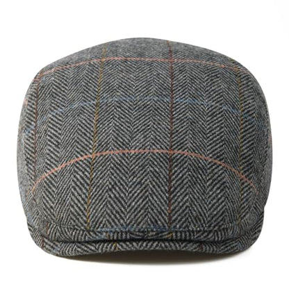 FEINION Men Wool Blend Flat Cap Tweed Newsboy Ivy Hat - color: Plaid Grey