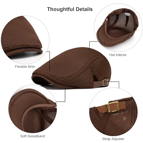 Mens Mesh Cap Flat Ivy Gatsby Newsboy Beret Driving Hat Adjustable Breathable Summer Hats - color: Coffee
