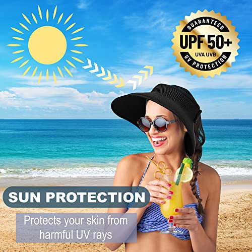 Straw Sun Visor for Women, Wide Brim UPF 50+ Protection Beach Hat, Adjustable, Roll Up Foldable Ponytail Cap with Chin Strap - color: Black