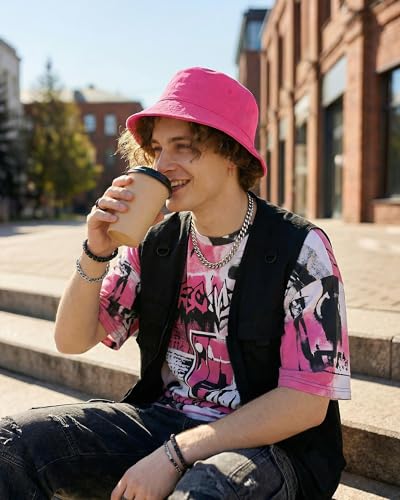 HONGTEYA Bucket Sun Hats for Woman Men Cotton Summer Beach Hat Golf Fishing - color: Hot Pink, size: Medium