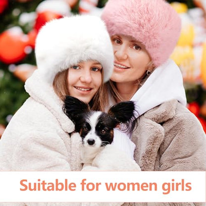Peicees Winter Faux Fur Hat for Women Russian Style Ladies Ushanka Warm Fluffy Bucket Hat Fuzzy Furry Cap - color: White