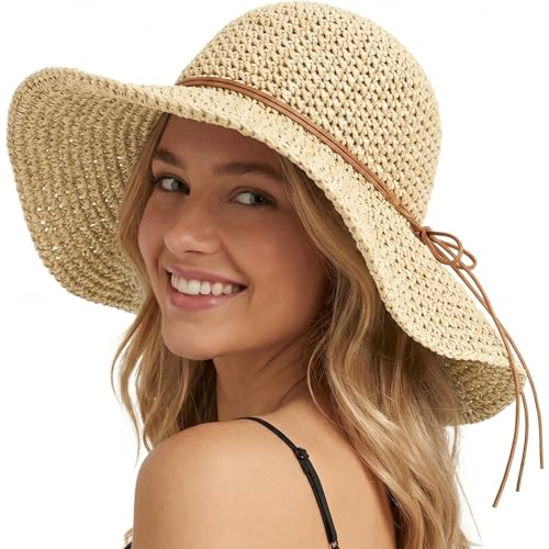 Beach Sun Straw Hats for Women Floppy Wide Brim UV Packable Summer - color: Beige