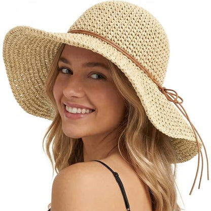 Beach Sun Straw Hats for Women Floppy Wide Brim UV Packable Summer - color: Beige