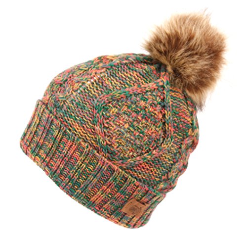 Women's Winter Fleece Lined Cable Knitted Pom Pom Beanie Hat - color: Miti Rinbow