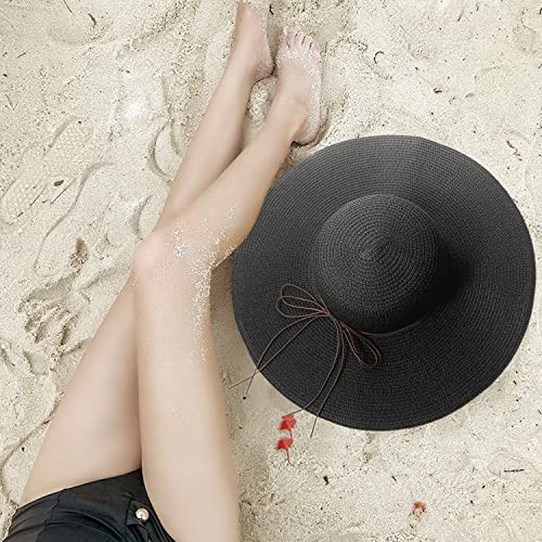 Floppy Big Beach Straw Hats for Women Foldable Summer Wide Brim Packable Sun Hat Womens Travel Straw Fedora Hat - color: Black-1