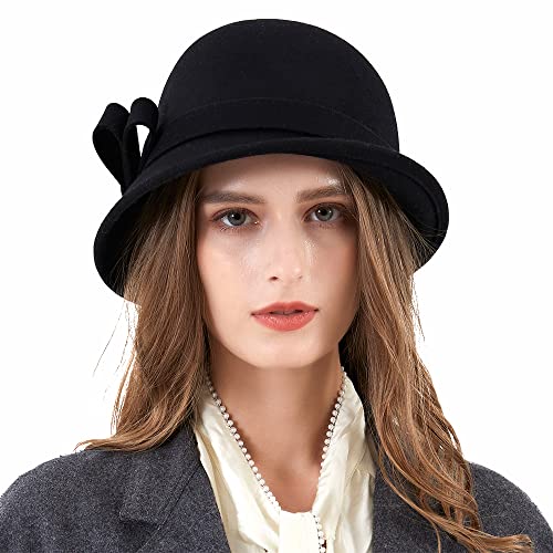 Ladies Wool Felt Bucket Hat Women Vintage Cloche Fedora Winter Church Bowler Hat with Bow - color: Black
