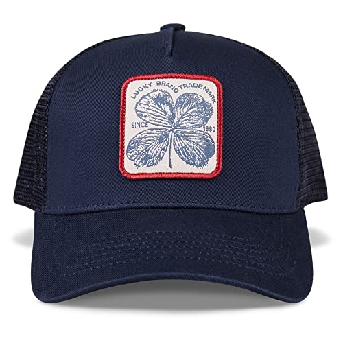 Lucky Brand Trucker Hat | Snapback | Adjustable | Mesh Back | Retro | Baseball Cap | Golf | Fishing | American Heritage - color: Clover Patch - Navy