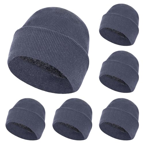 ZH 6 Pack Men's Winter Knit Beanies with Fleece Lining, Warm Stretchy Skull Caps for Cold Weather, Unisex Thermal Hats - color: Light-gray