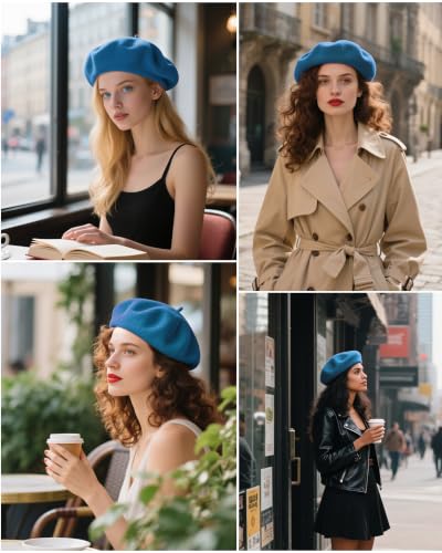 French Beret Hats for Women - Wool Solid Color Beanie Cap - color: Peacock Blue