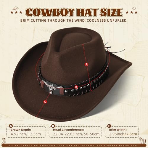 Classic Western Cowboy Hat Cowgirl Hat Unisex Men's & Women's Wide Brim Felt Fedora Hat Flat Top with Buckle Belt - color: Brown, size: 7-7 1/4