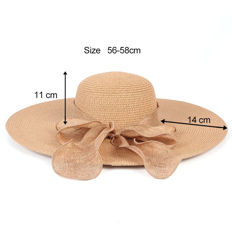 ericotry 1PC Women Foldable Floppy Beach Cap Wide Brim Sun Protection Straw Hat Big Bowknot Summer Sun Hat UPF 50+ (Khaki)