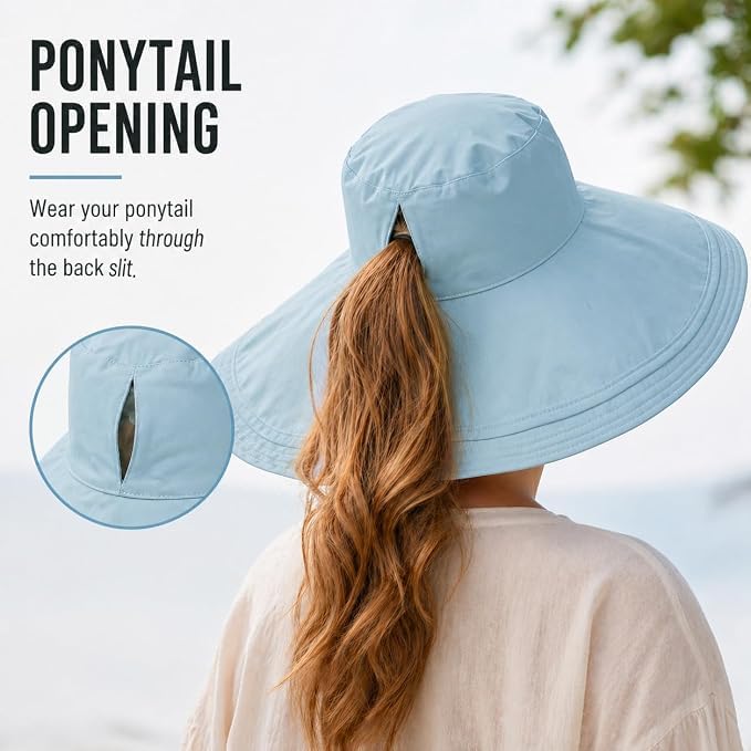 Wide Brim Sun Hat for Women Reversible Beach Bucket Summer Hats Ponytail - color: Blue