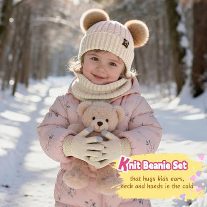 Kids Winter Hat Gloves Scarf Set Girls, Children Beanies Hats with Pom Pom - color: Beige Mix