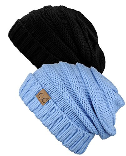 NYFASHION101 Oversized Baggy Slouchy Thick Winter Beanie Hat - color: Black & Pale Blue