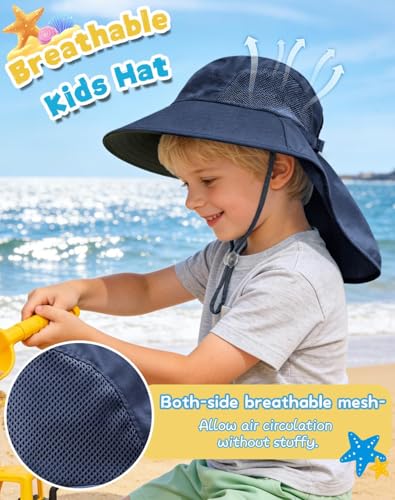 Rosoz Kids Sun Hat with Neck Flap UV Protection Summer Toddler Beach Hat Unisex Ponytail Hat Wide Brim Fishing Hat - color: 1pack-navy Blue
