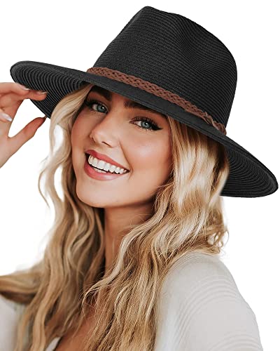 FURTALK Womens Wide Brim Sun Hat Beach Panama Fedora Straw Summer - color: Black, size: Large-X-Large