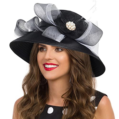 Women Church Hats Derby Wedding Dress Satin Ribbon Hat - color: Sd704wd-black
