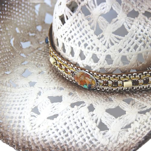 Foeran Men's Women's Straw Cowboy Hat Cowgirl Woven Sun Hat Western Cowboy Hat Two Decorative Bands - color: White-gravel